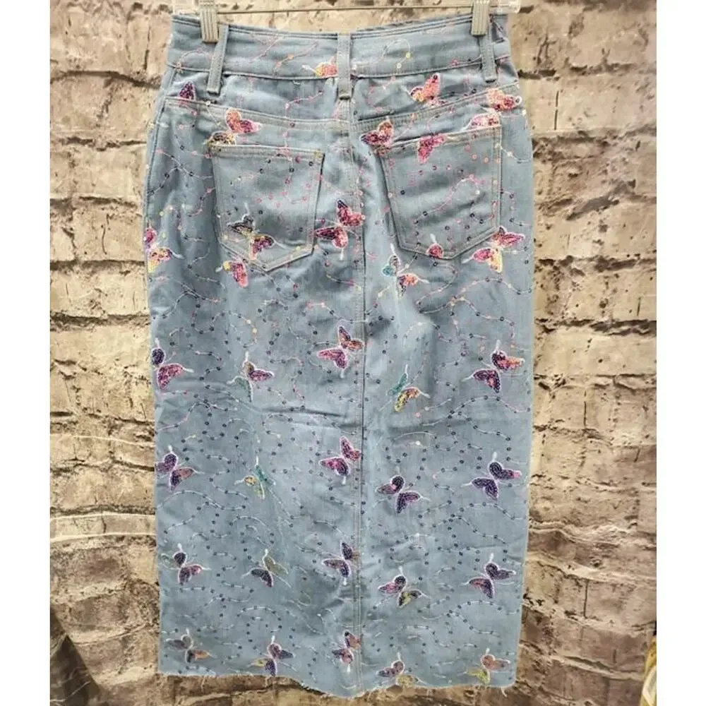 SHEIN MOD Butterfly Sequin Split Thigh Denim Skirt - Size 28-Y2K